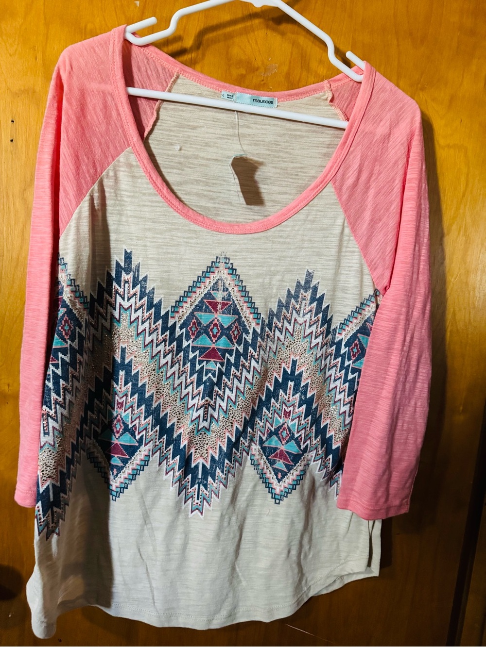 Maurices Coral Raglan Sleeve Aztec Print Long Sleeve Top